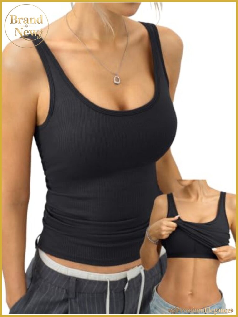Women's Ribbed Tank Top with Built-In Bra Removable Padding Stretch Fitted